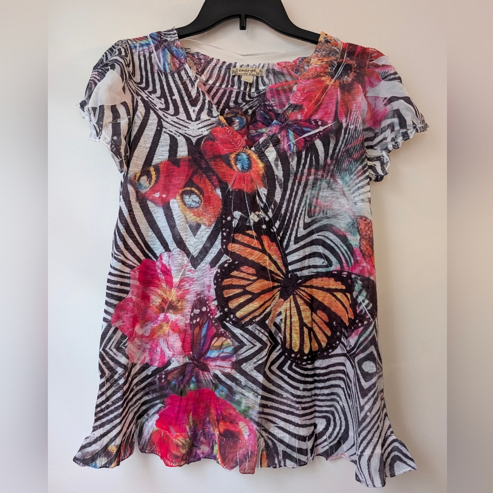 Energe World Wear Y2K Butterfly Floral Ruffle Top Size Small